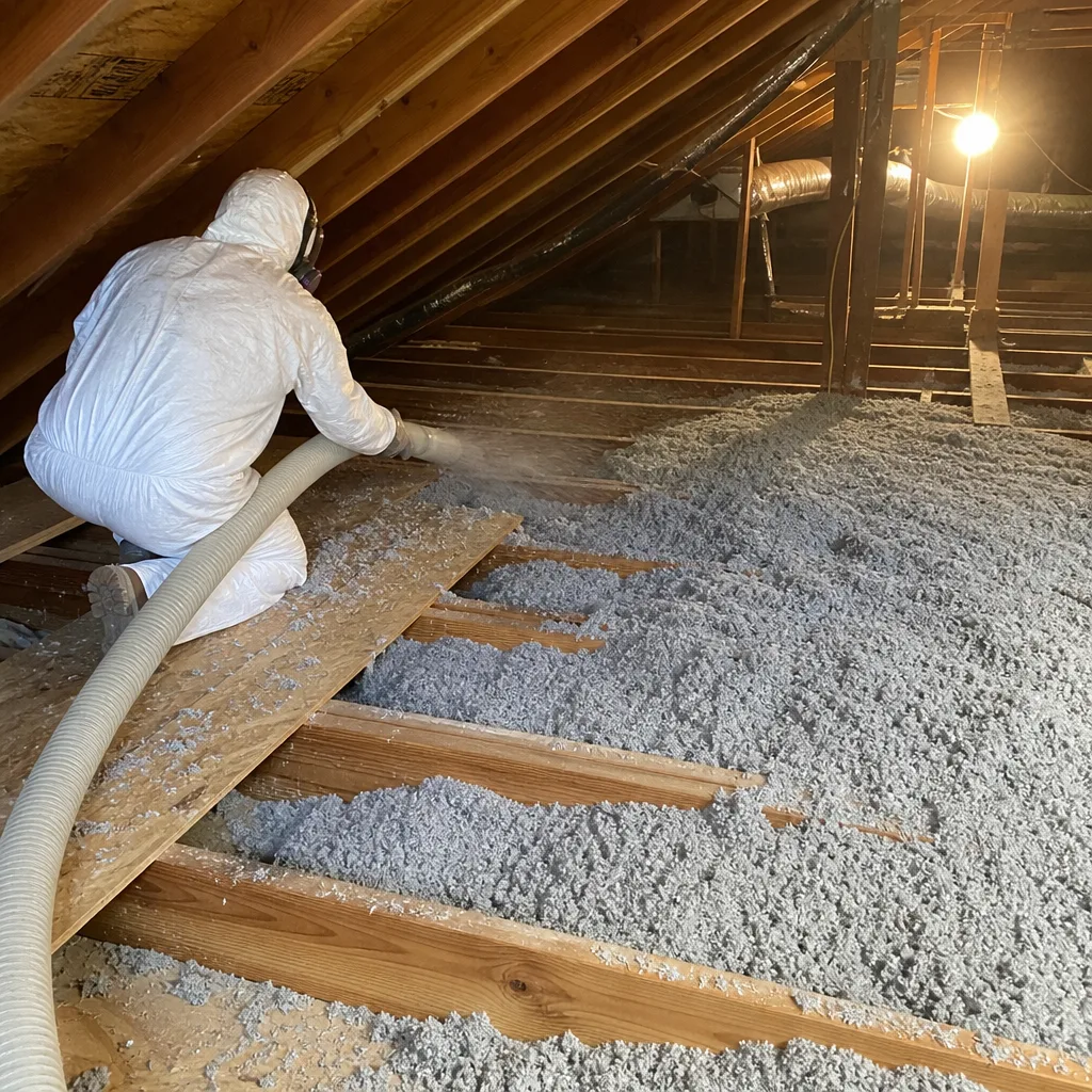 Worker cutting pink fiberglass insulation batts in an attic