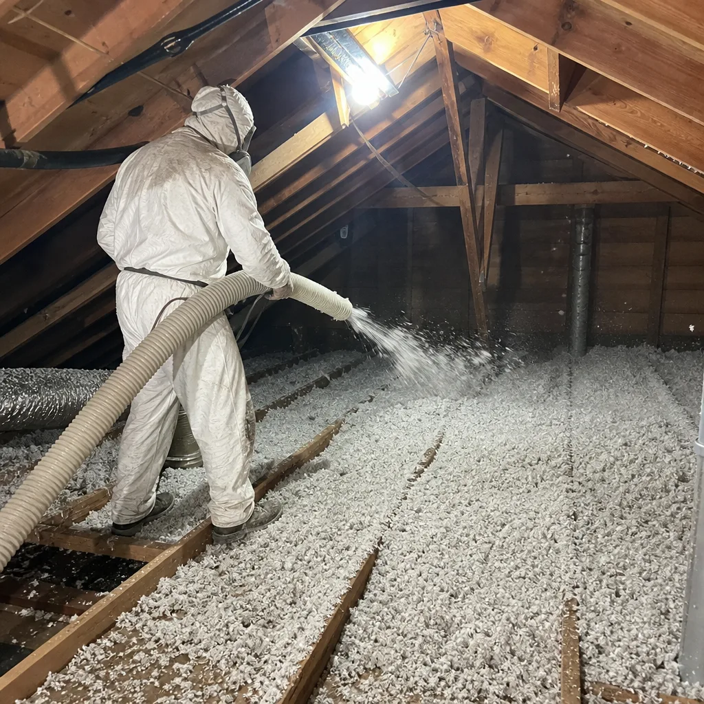 Professional contractor installing blown-in attic insulation in a residential home.