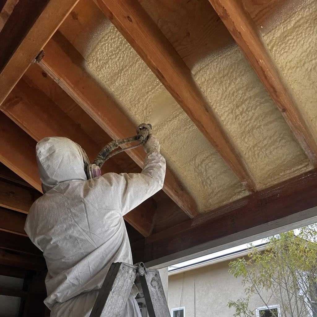 Contractor applying professional spray foam insulation to residential roof framing